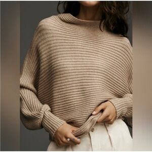 Anthropologie Kendall Mock Neck Sweater‎ Beige Ribbed Oversized Slouchy Small